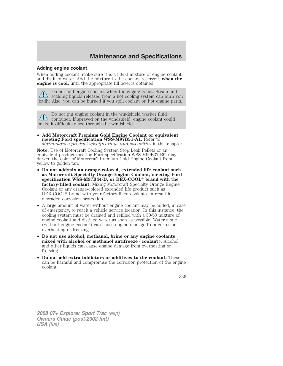 Adding engine coolant, Maintenance and specifications | FORD 2008 Explorer Sport Trac v.1 User Manual | Page 335 / 368