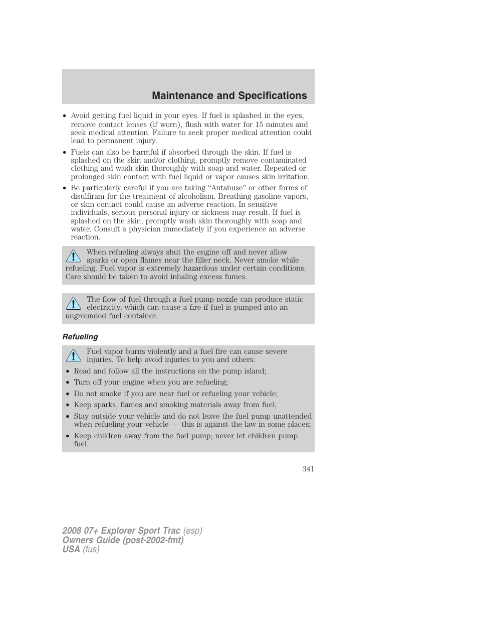 Refueling, Maintenance and specifications | FORD 2008 Explorer Sport Trac v.1 User Manual | Page 341 / 368