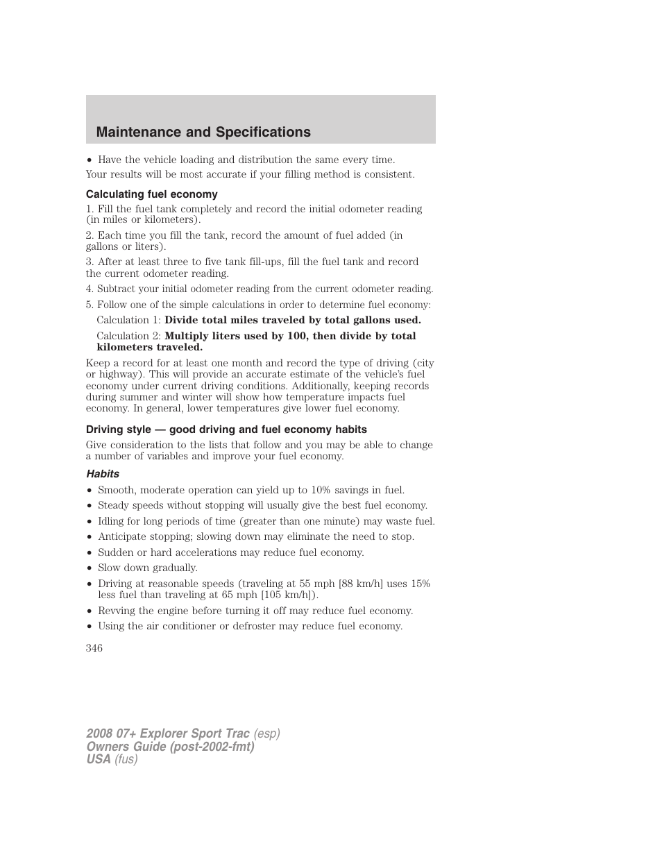 Calculating fuel economy, Habits, Maintenance and specifications | FORD 2008 Explorer Sport Trac v.1 User Manual | Page 346 / 368