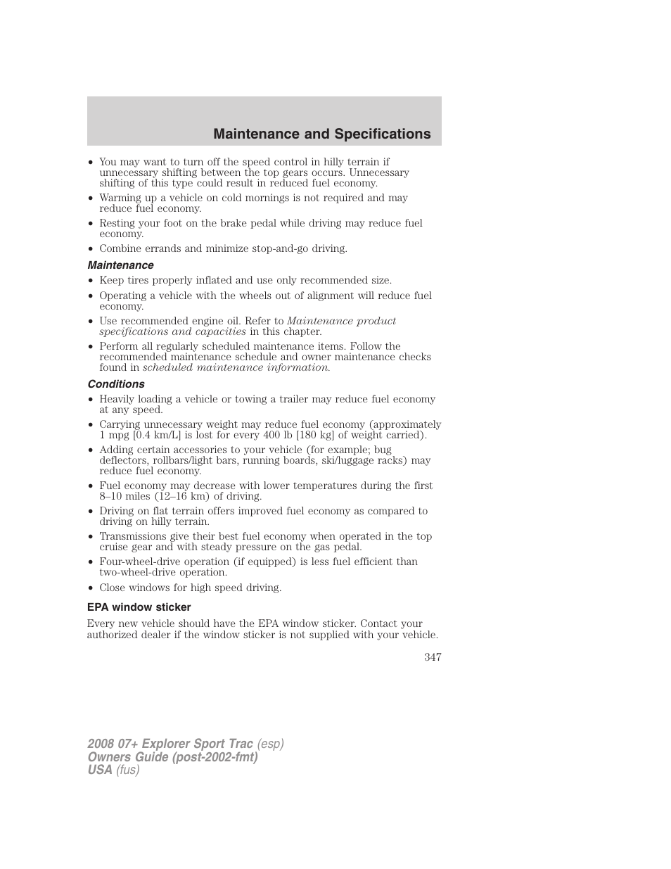 Maintenance, Conditions, Epa window sticker | Maintenance and specifications | FORD 2008 Explorer Sport Trac v.1 User Manual | Page 347 / 368