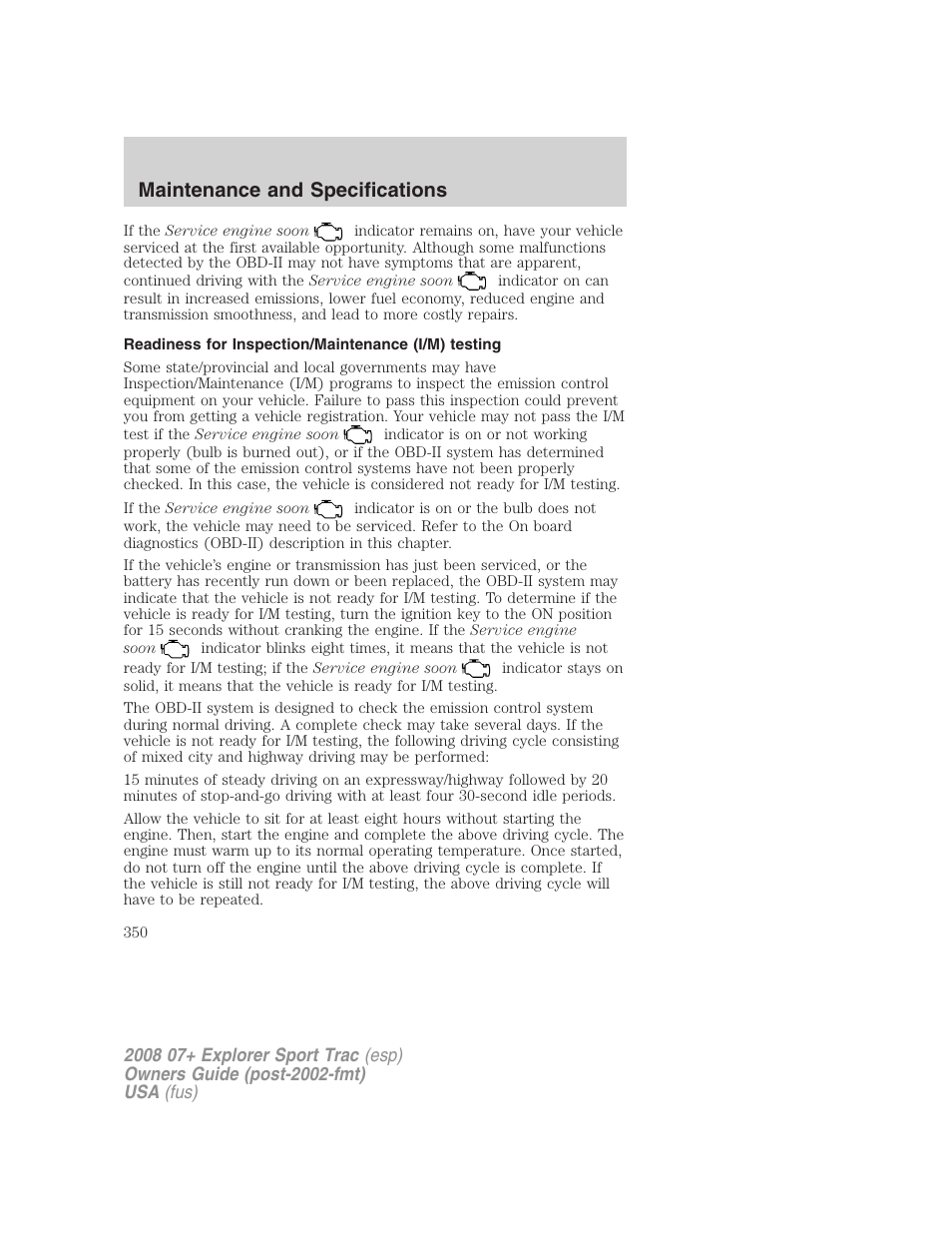 Readiness for inspection/maintenance (i/m) testing, Maintenance and specifications | FORD 2008 Explorer Sport Trac v.1 User Manual | Page 350 / 368