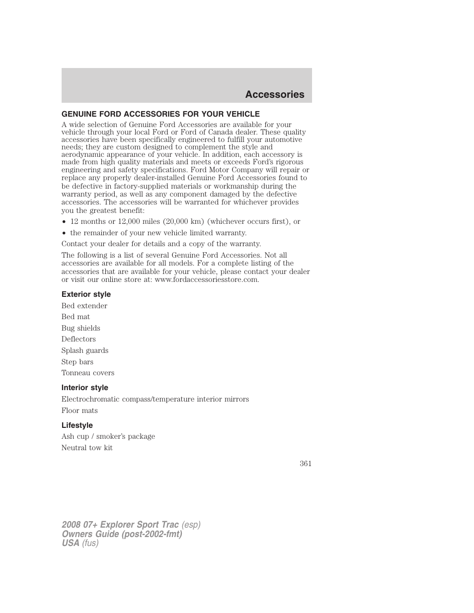Accessories, Genuine ford accessories for your vehicle, Exterior style | Interior style, Lifestyle | FORD 2008 Explorer Sport Trac v.1 User Manual | Page 361 / 368