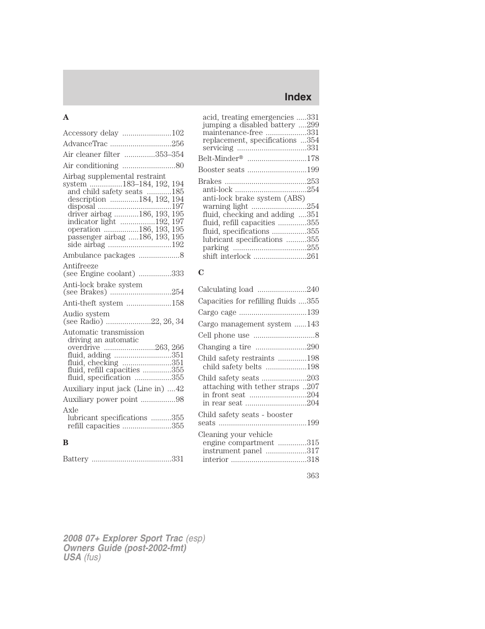 Index | FORD 2008 Explorer Sport Trac v.1 User Manual | Page 363 / 368