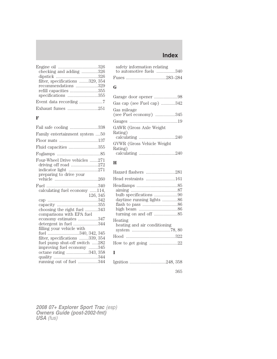 Index | FORD 2008 Explorer Sport Trac v.1 User Manual | Page 365 / 368