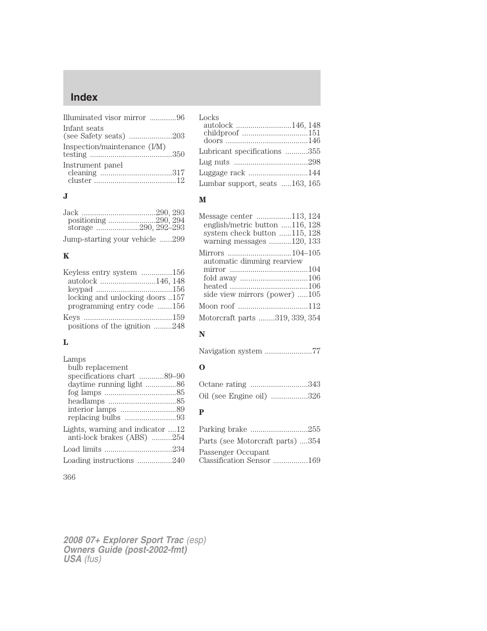 Index | FORD 2008 Explorer Sport Trac v.1 User Manual | Page 366 / 368