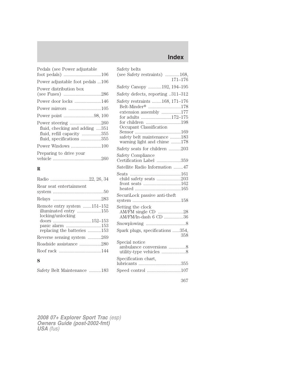 Index | FORD 2008 Explorer Sport Trac v.1 User Manual | Page 367 / 368