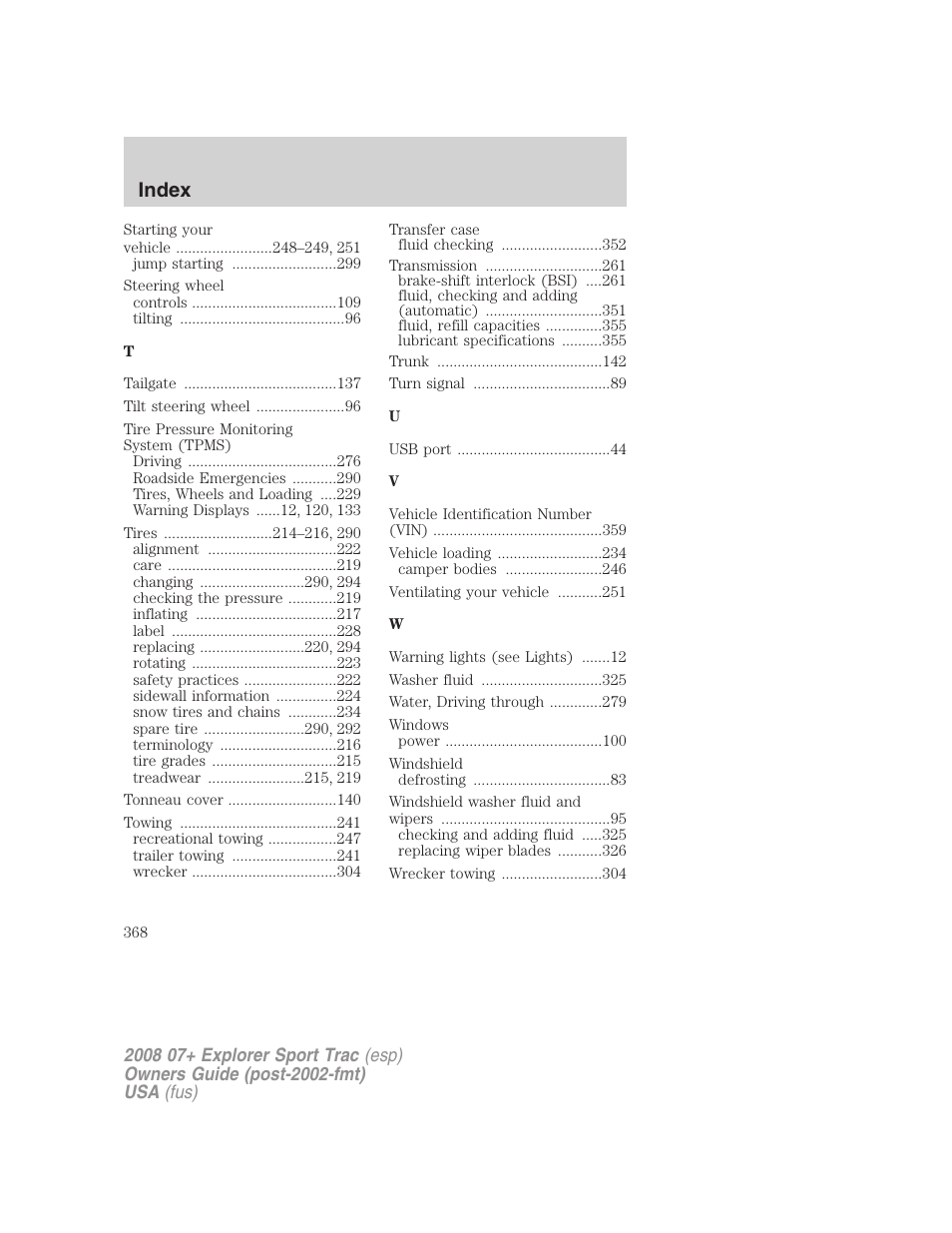 Index | FORD 2008 Explorer Sport Trac v.1 User Manual | Page 368 / 368