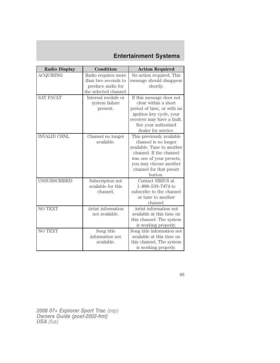 Entertainment systems | FORD 2008 Explorer Sport Trac v.1 User Manual | Page 49 / 368