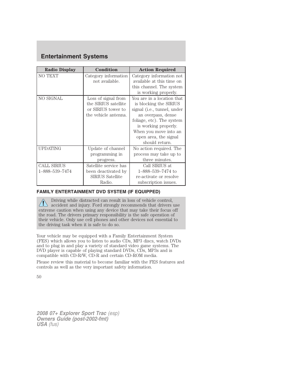 Family entertainment dvd system (if equipped), Family entertainment system, Entertainment systems | FORD 2008 Explorer Sport Trac v.1 User Manual | Page 50 / 368