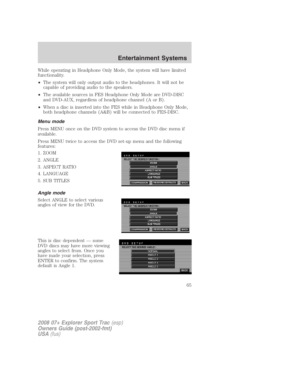 Menu mode, Angle mode, Entertainment systems | FORD 2008 Explorer Sport Trac v.1 User Manual | Page 65 / 368