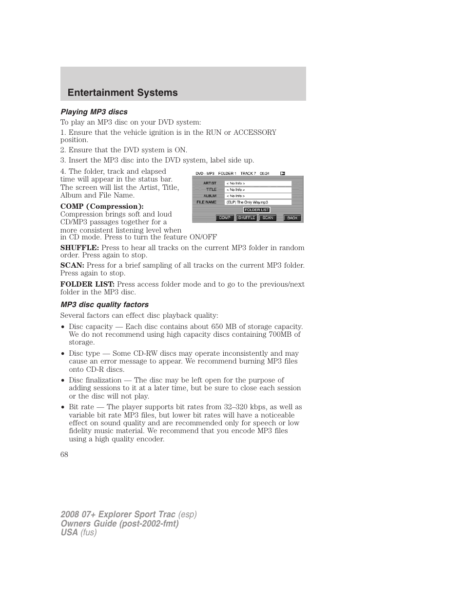 Playing mp3 discs, Mp3 disc quality factors, Entertainment systems | FORD 2008 Explorer Sport Trac v.1 User Manual | Page 68 / 368