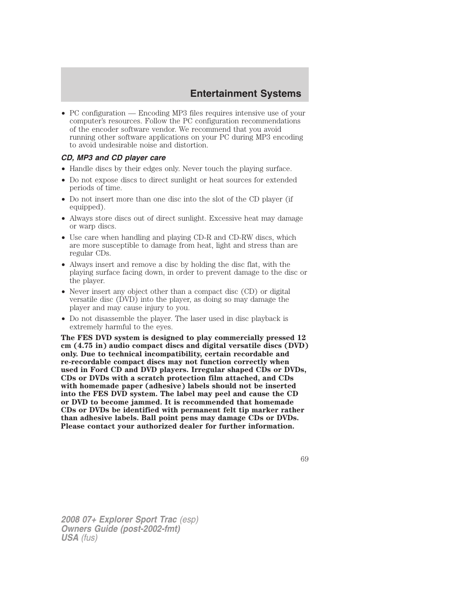 Cd, mp3 and cd player care, Entertainment systems | FORD 2008 Explorer Sport Trac v.1 User Manual | Page 69 / 368