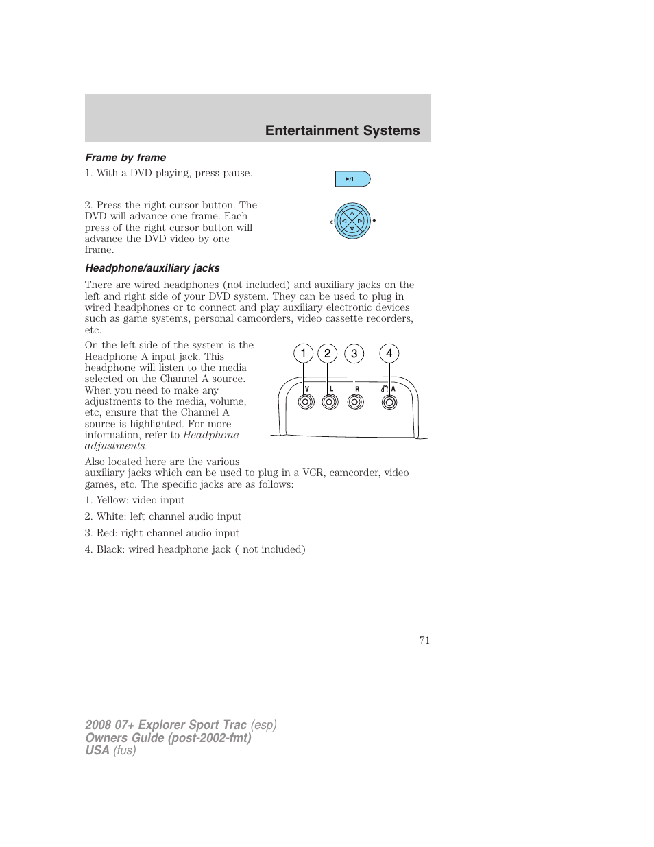 Frame by frame, Headphone/auxiliary jacks, Entertainment systems | FORD 2008 Explorer Sport Trac v.1 User Manual | Page 71 / 368