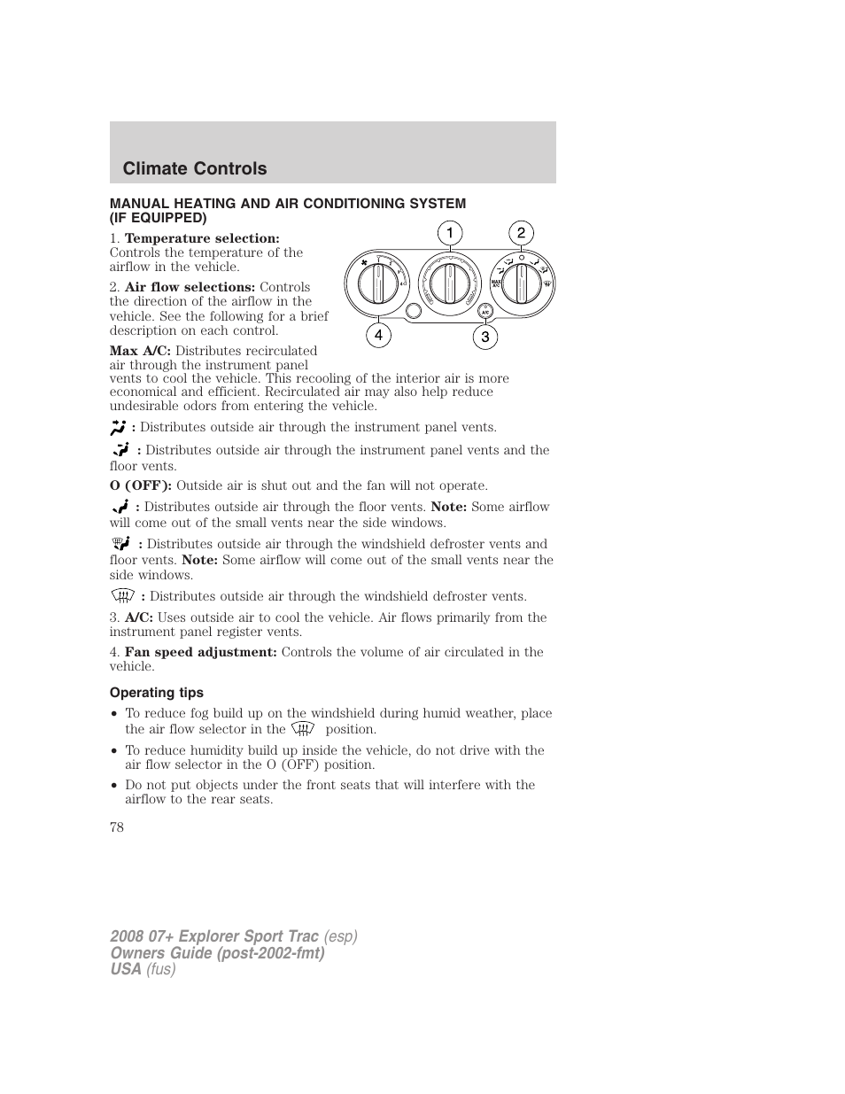 Climate controls, Operating tips, Manual heating and air conditioning | FORD 2008 Explorer Sport Trac v.1 User Manual | Page 78 / 368