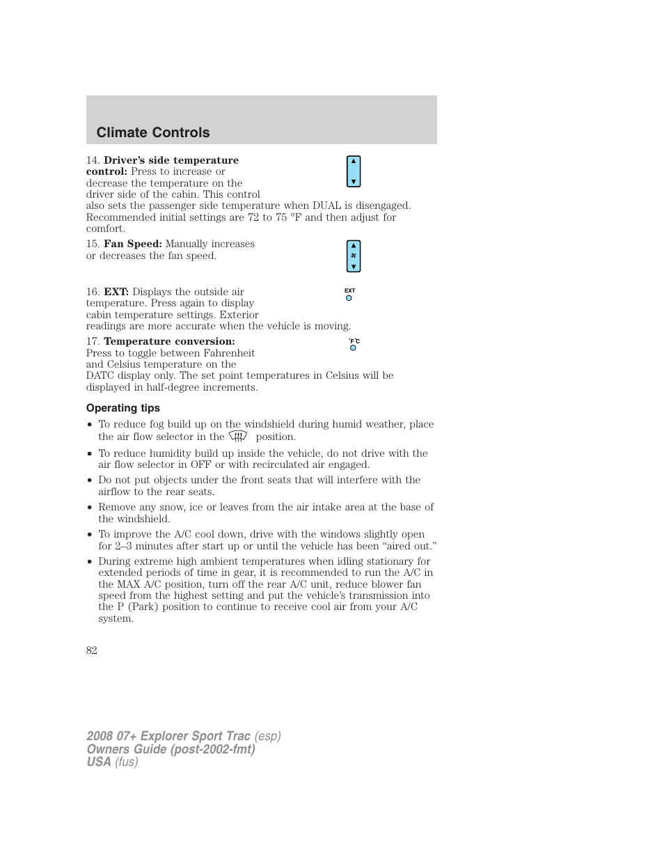 Operating tips, Climate controls | FORD 2008 Explorer Sport Trac v.1 User Manual | Page 82 / 368