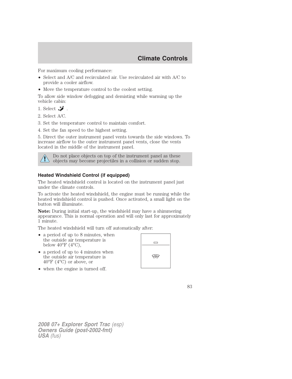 Heated windshield control (if equipped), Climate controls | FORD 2008 Explorer Sport Trac v.1 User Manual | Page 83 / 368