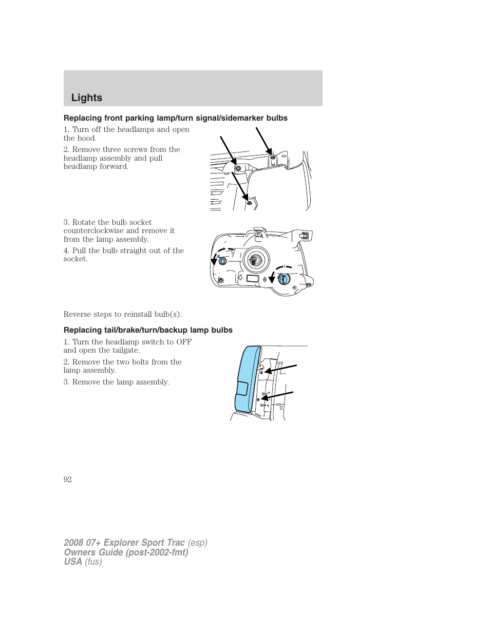 Replacing tail/brake/turn/backup lamp bulbs, Lights | FORD 2008 Explorer Sport Trac v.1 User Manual | Page 92 / 368