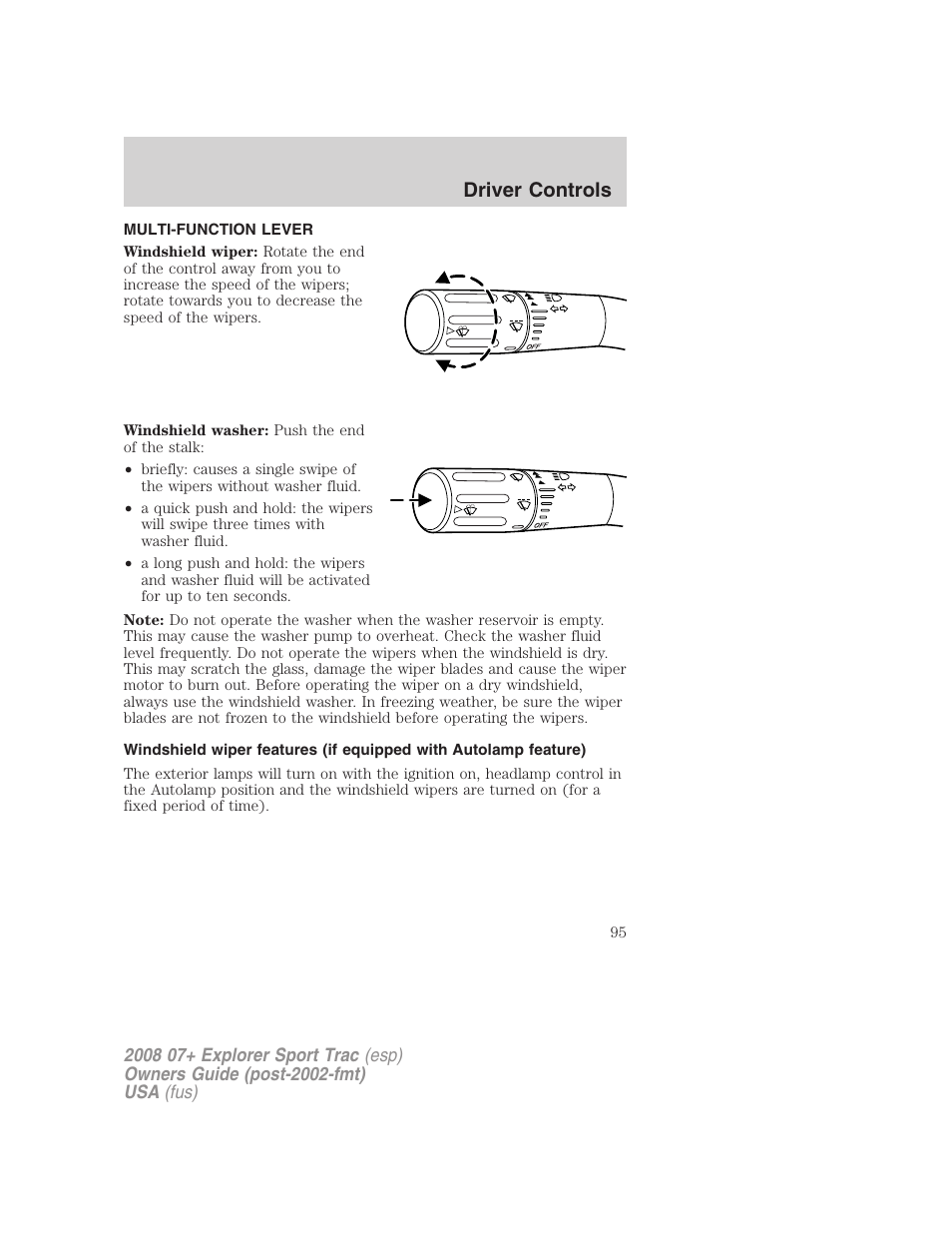 Driver controls, Multi-function lever, Windshield wiper/washer control | FORD 2008 Explorer Sport Trac v.1 User Manual | Page 95 / 368