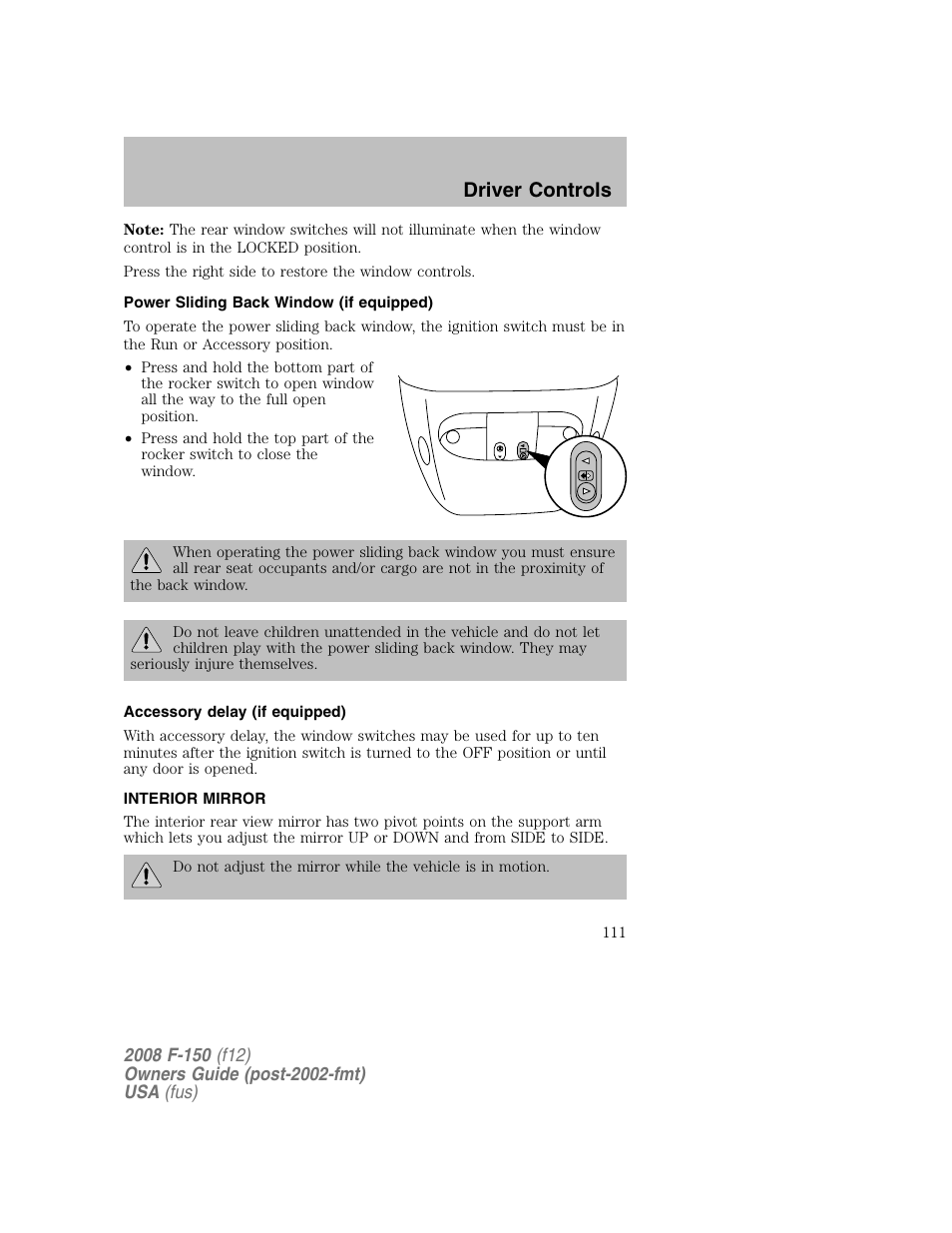 Driver controls | FORD 2008 F-150 v.1 User Manual | Page 111 / 400