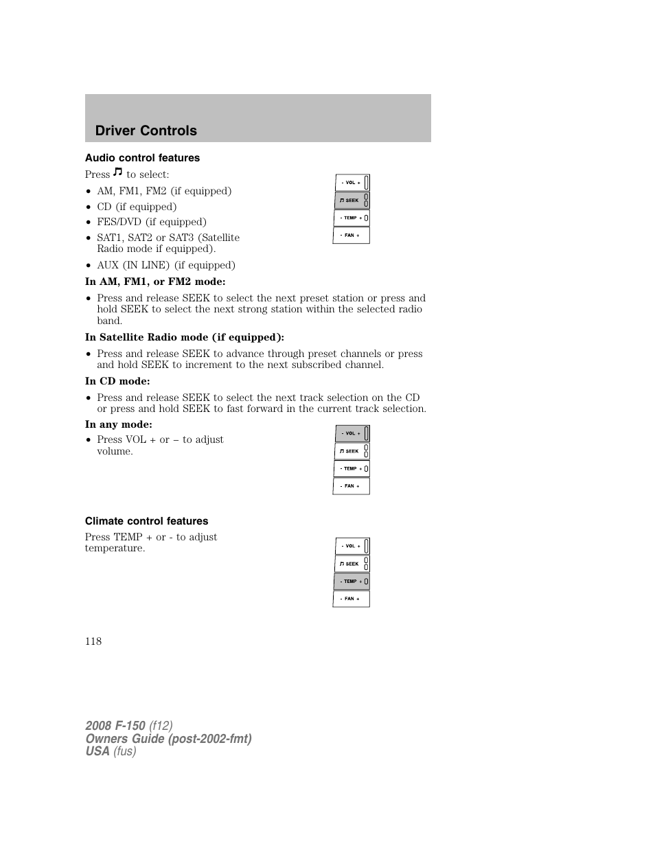 Driver controls | FORD 2008 F-150 v.1 User Manual | Page 118 / 400