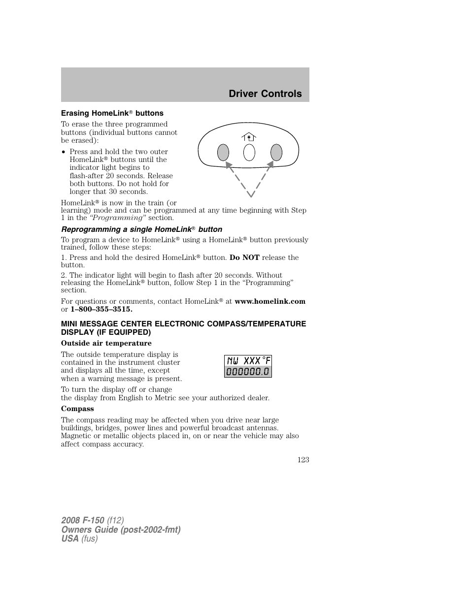 Driver controls | FORD 2008 F-150 v.1 User Manual | Page 123 / 400