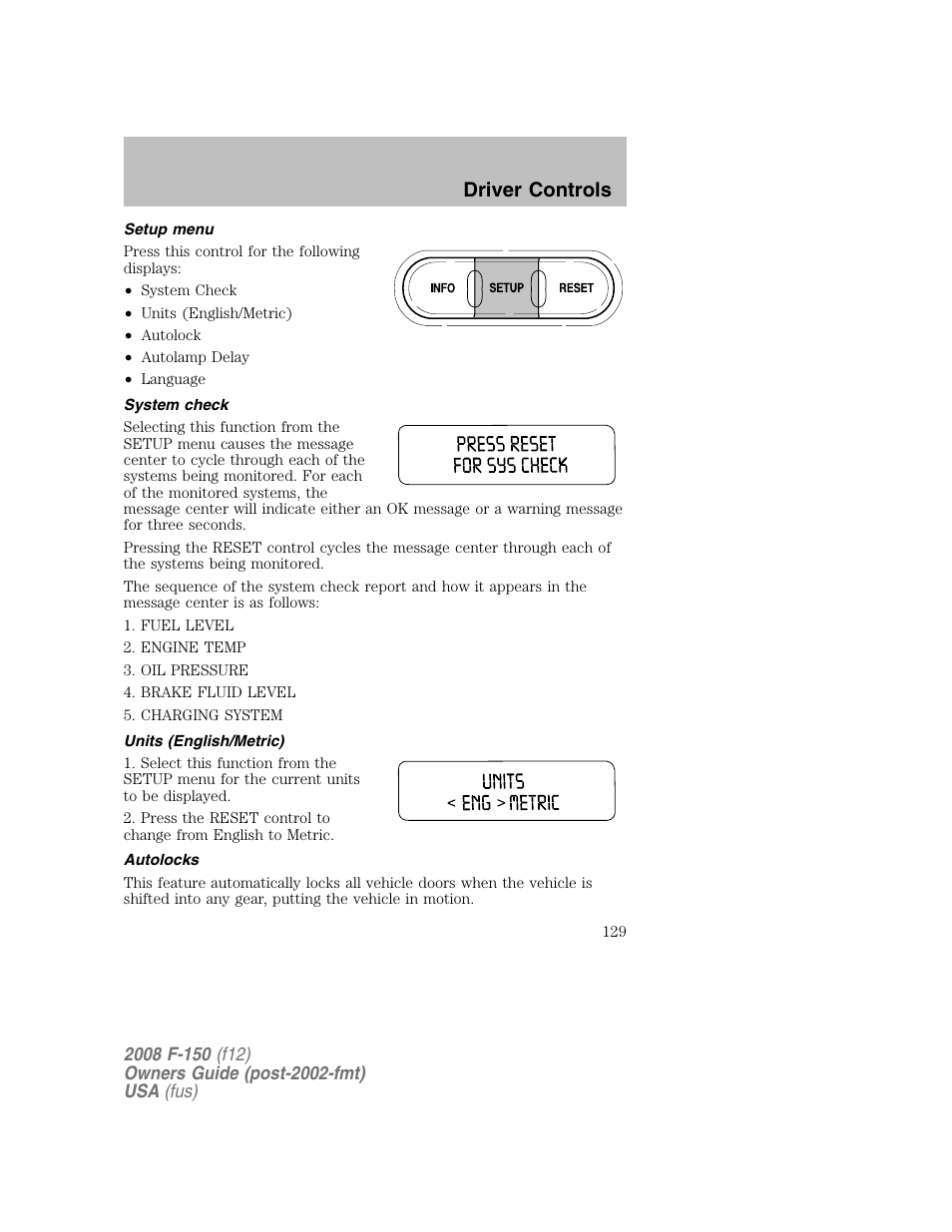 Driver controls | FORD 2008 F-150 v.1 User Manual | Page 129 / 400