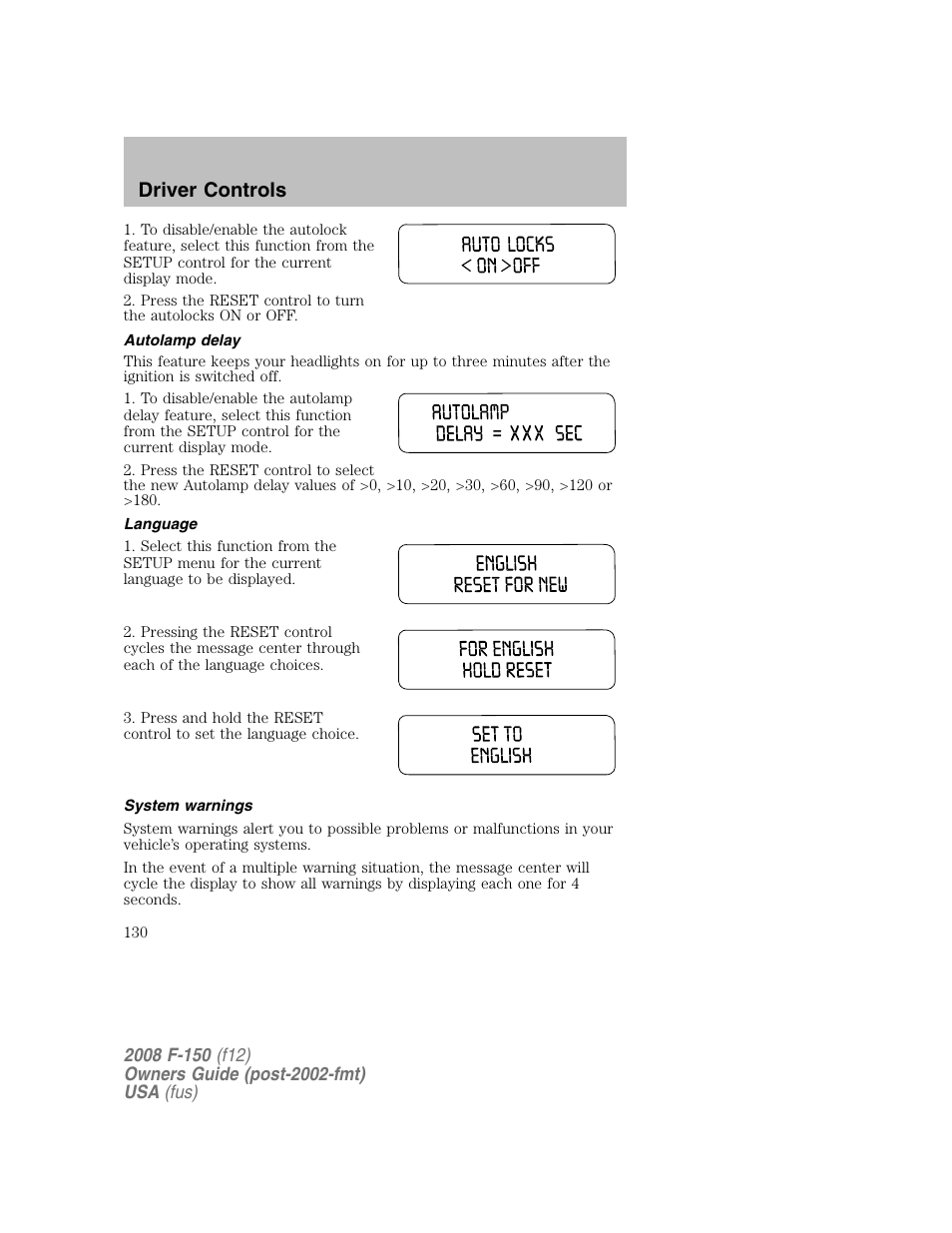 Driver controls | FORD 2008 F-150 v.1 User Manual | Page 130 / 400