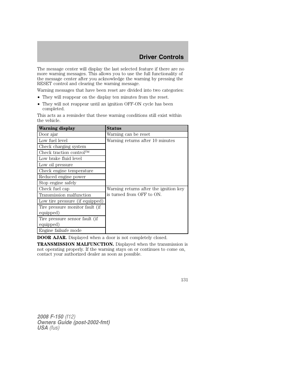 Driver controls | FORD 2008 F-150 v.1 User Manual | Page 131 / 400