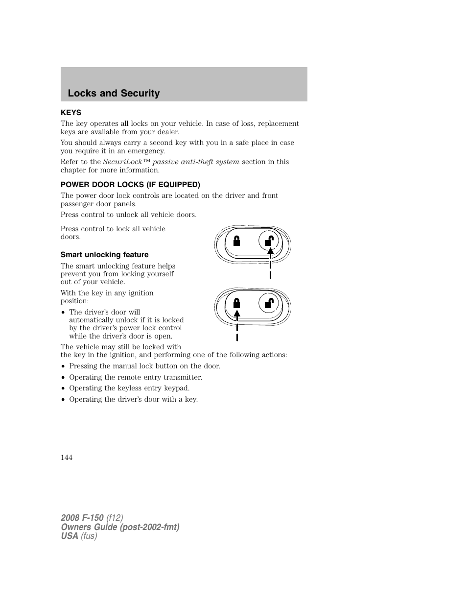 Locks and security | FORD 2008 F-150 v.1 User Manual | Page 144 / 400