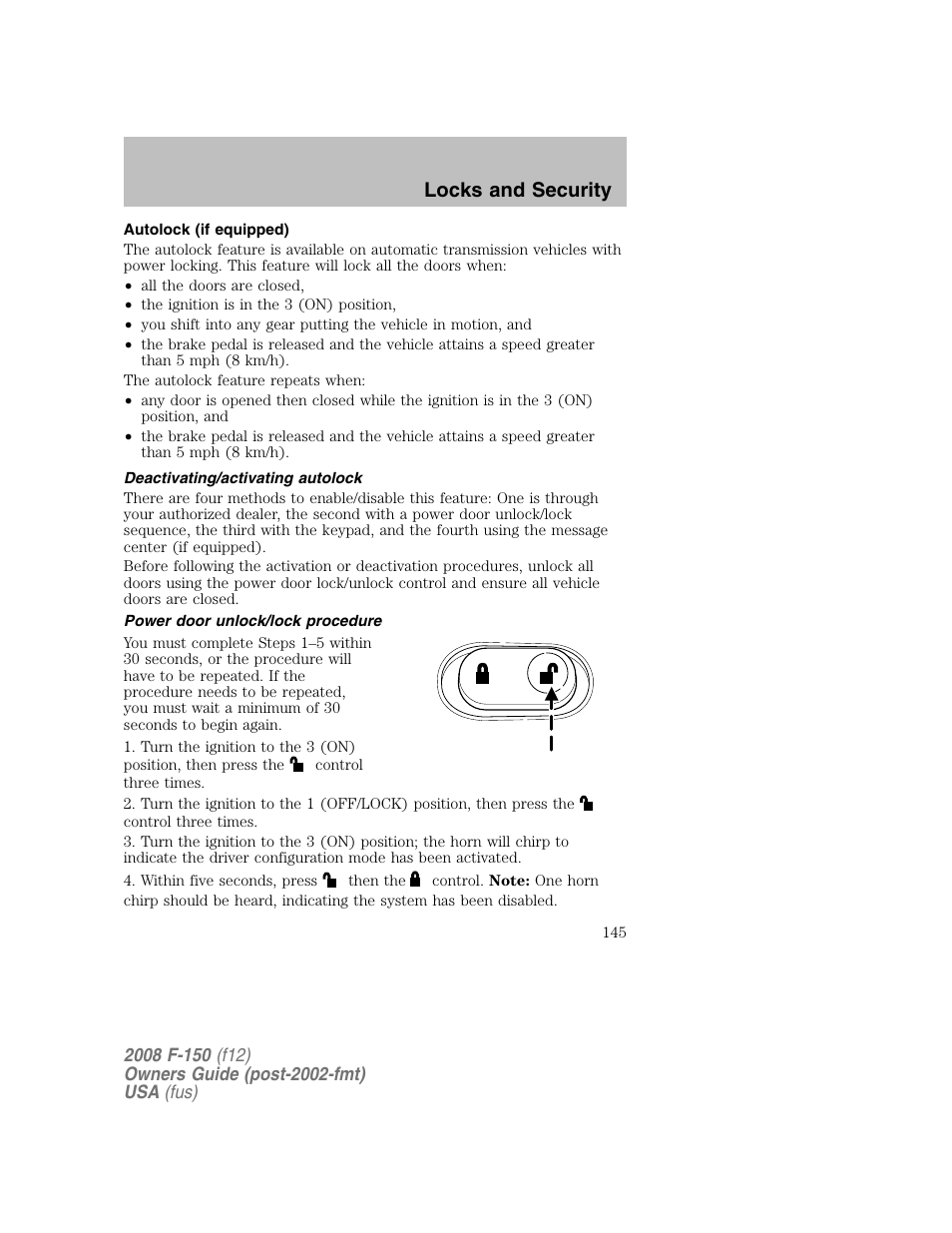 Locks and security | FORD 2008 F-150 v.1 User Manual | Page 145 / 400