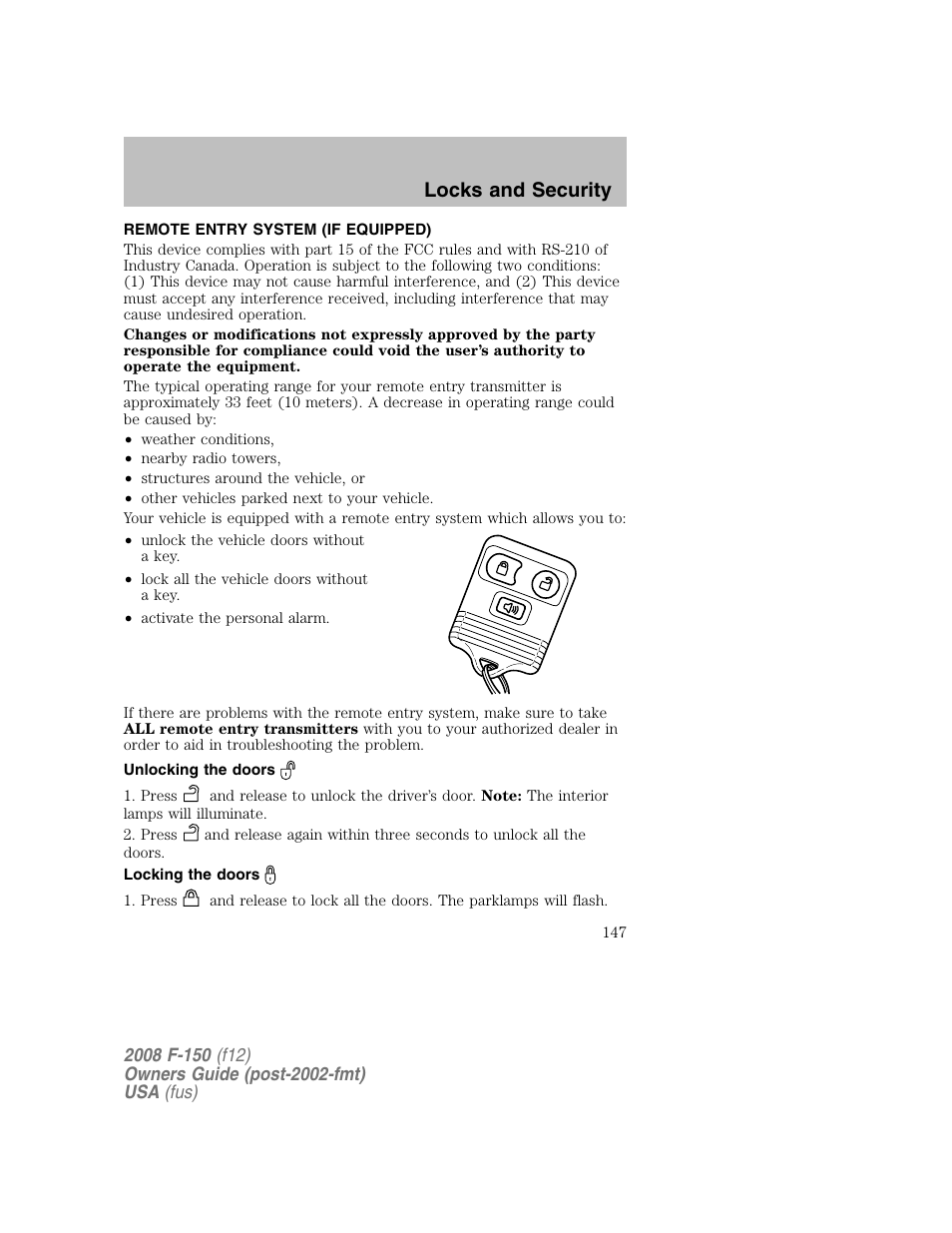 Locks and security | FORD 2008 F-150 v.1 User Manual | Page 147 / 400