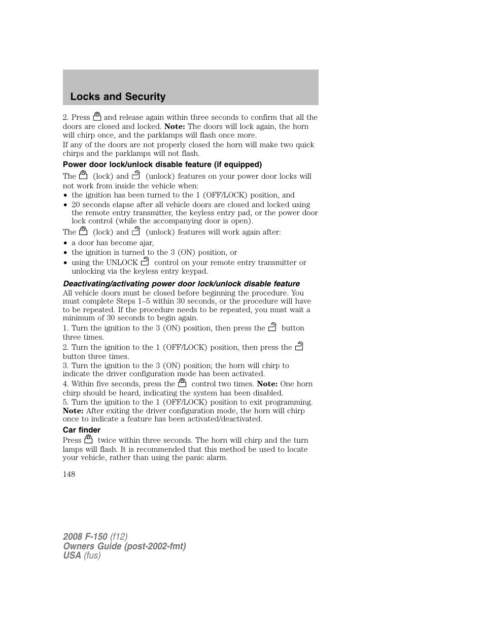 Locks and security | FORD 2008 F-150 v.1 User Manual | Page 148 / 400