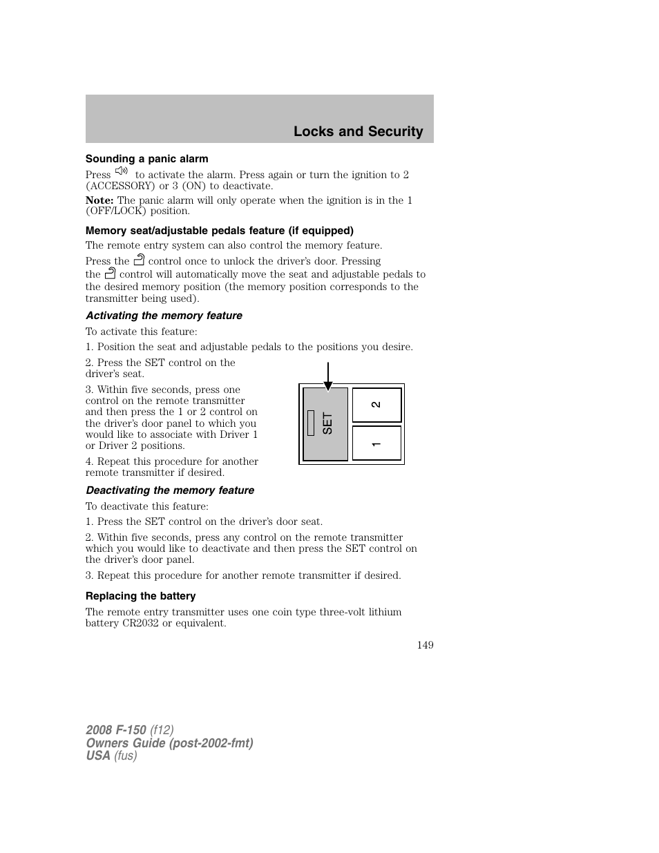 Locks and security | FORD 2008 F-150 v.1 User Manual | Page 149 / 400