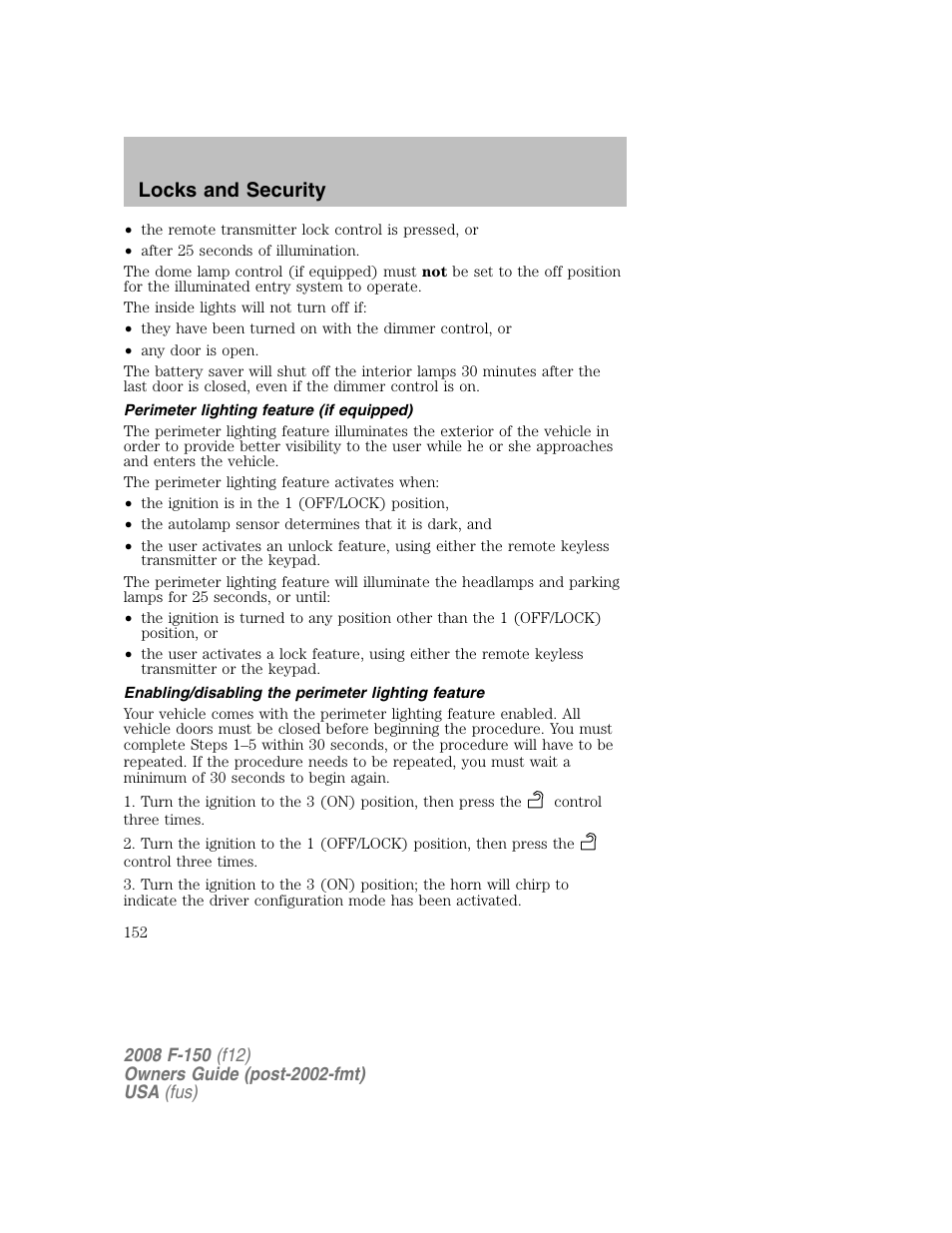 Locks and security | FORD 2008 F-150 v.1 User Manual | Page 152 / 400