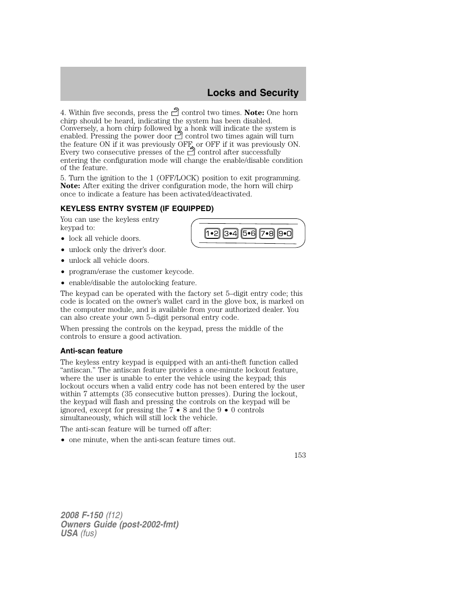 Locks and security | FORD 2008 F-150 v.1 User Manual | Page 153 / 400