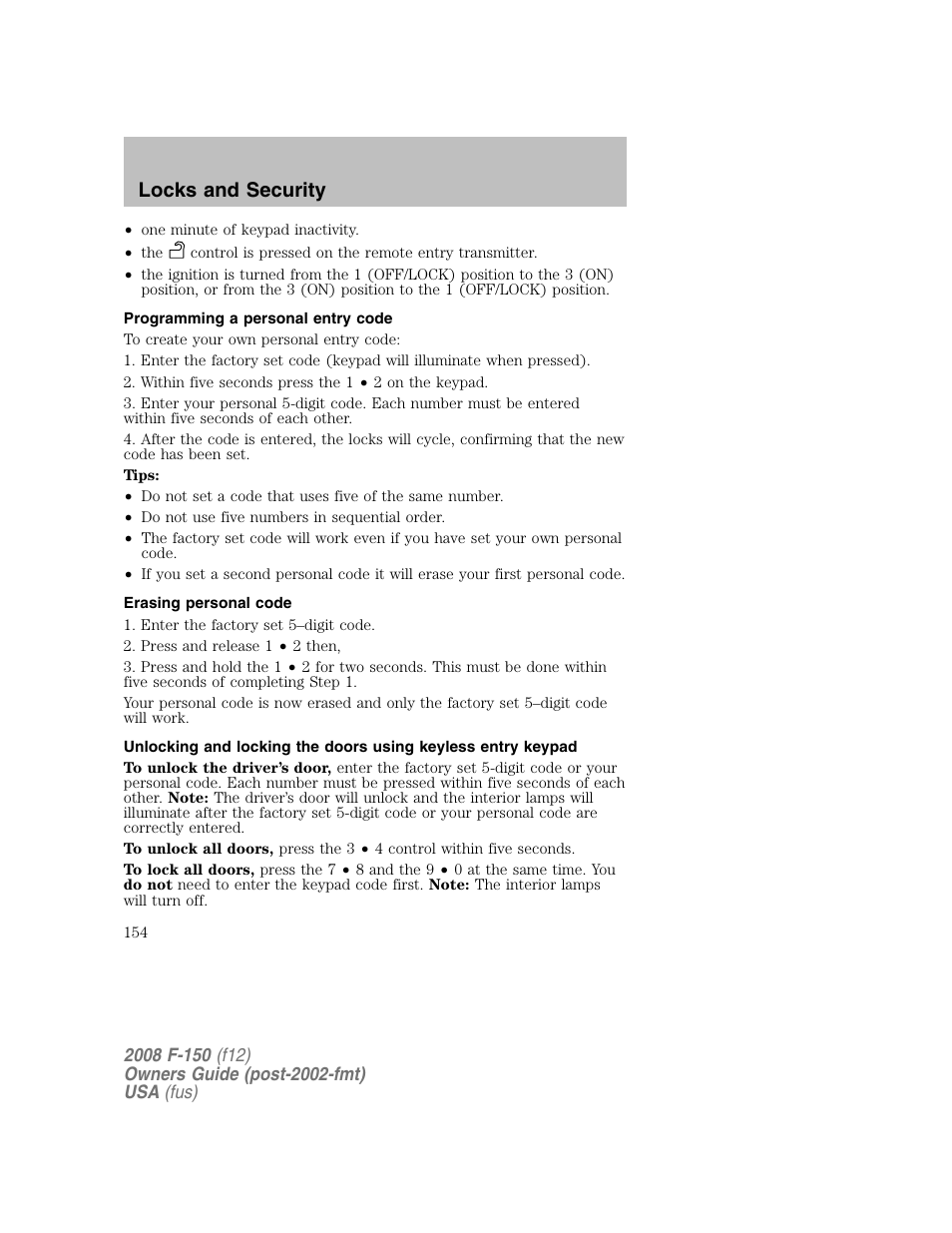 Locks and security | FORD 2008 F-150 v.1 User Manual | Page 154 / 400