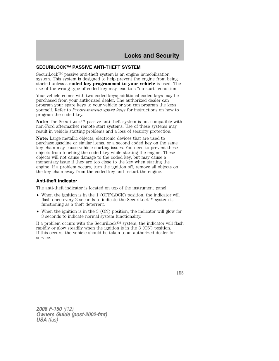 Locks and security | FORD 2008 F-150 v.1 User Manual | Page 155 / 400