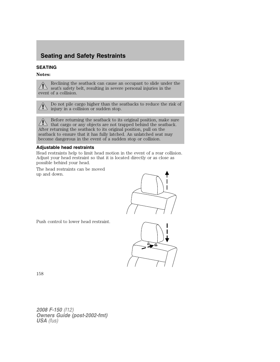 Seating and safety restraints | FORD 2008 F-150 v.1 User Manual | Page 158 / 400