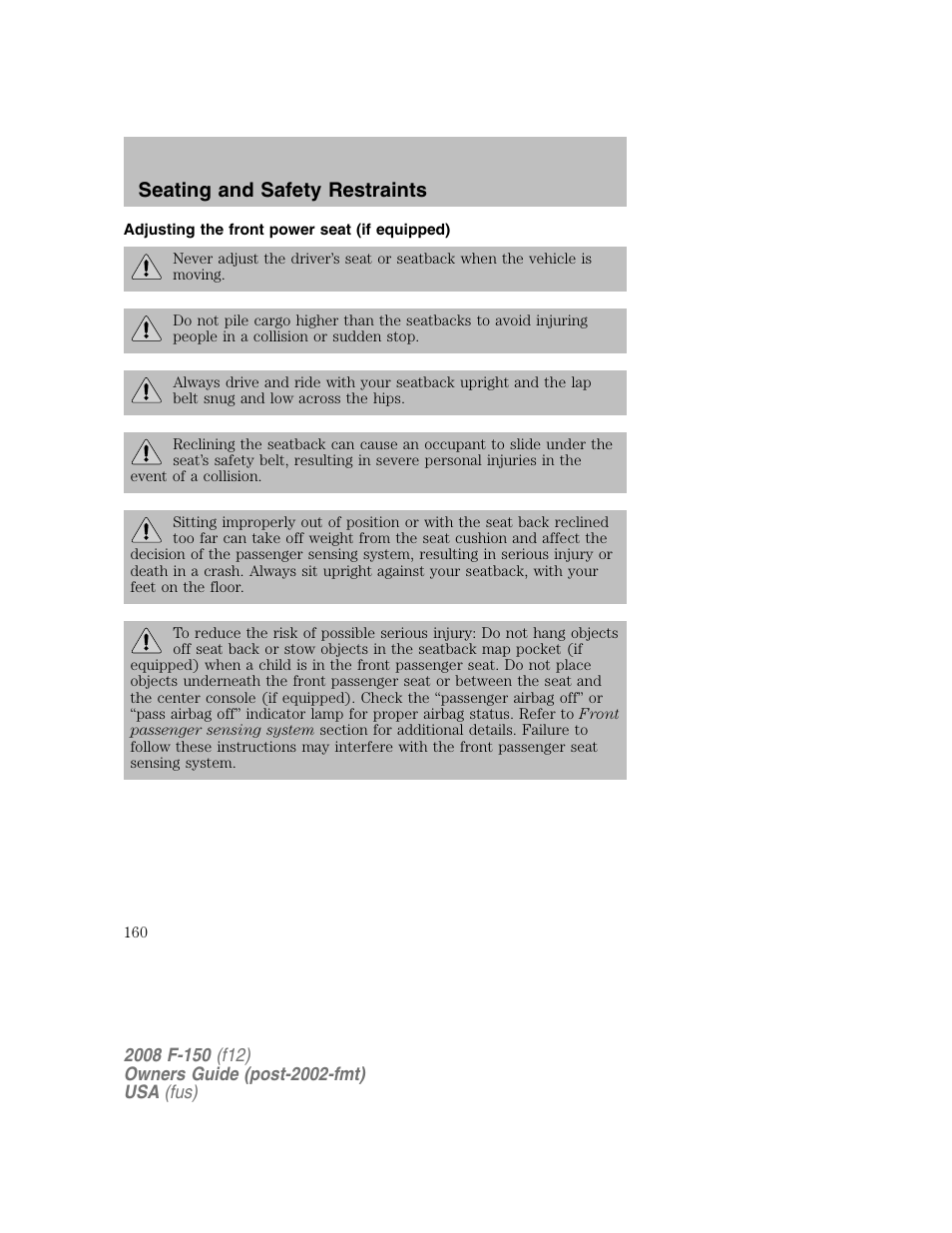 Seating and safety restraints | FORD 2008 F-150 v.1 User Manual | Page 160 / 400