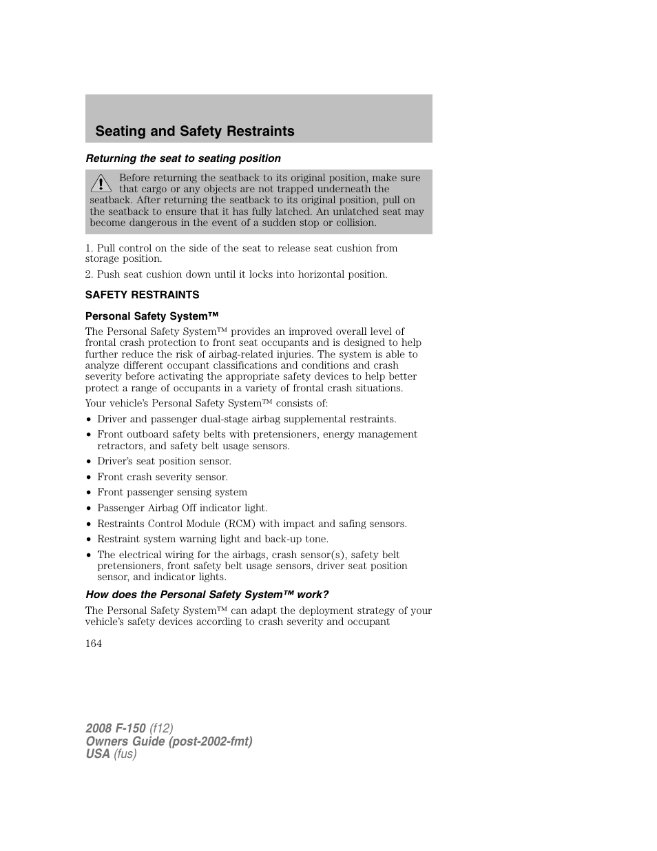 Seating and safety restraints | FORD 2008 F-150 v.1 User Manual | Page 164 / 400