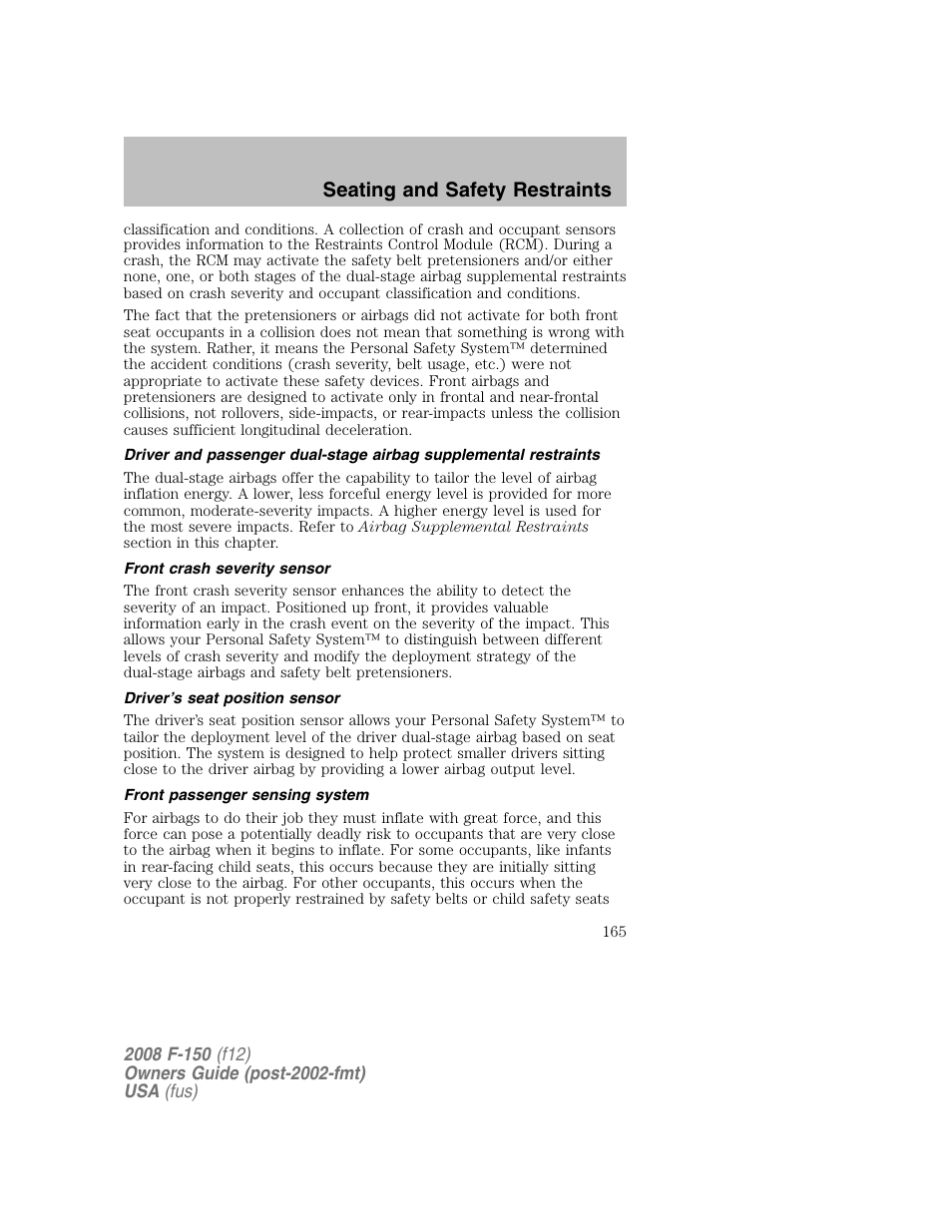 Seating and safety restraints | FORD 2008 F-150 v.1 User Manual | Page 165 / 400