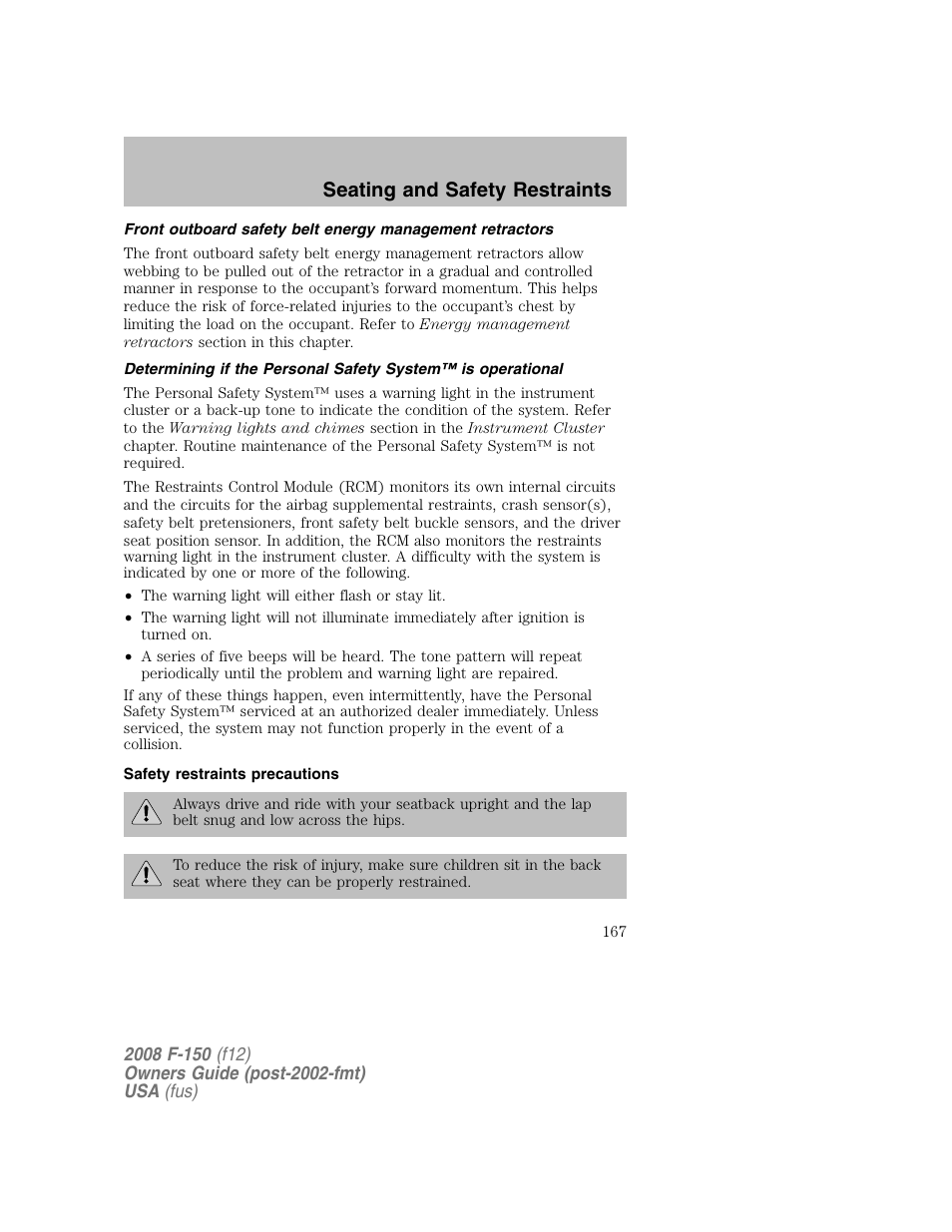 Seating and safety restraints | FORD 2008 F-150 v.1 User Manual | Page 167 / 400