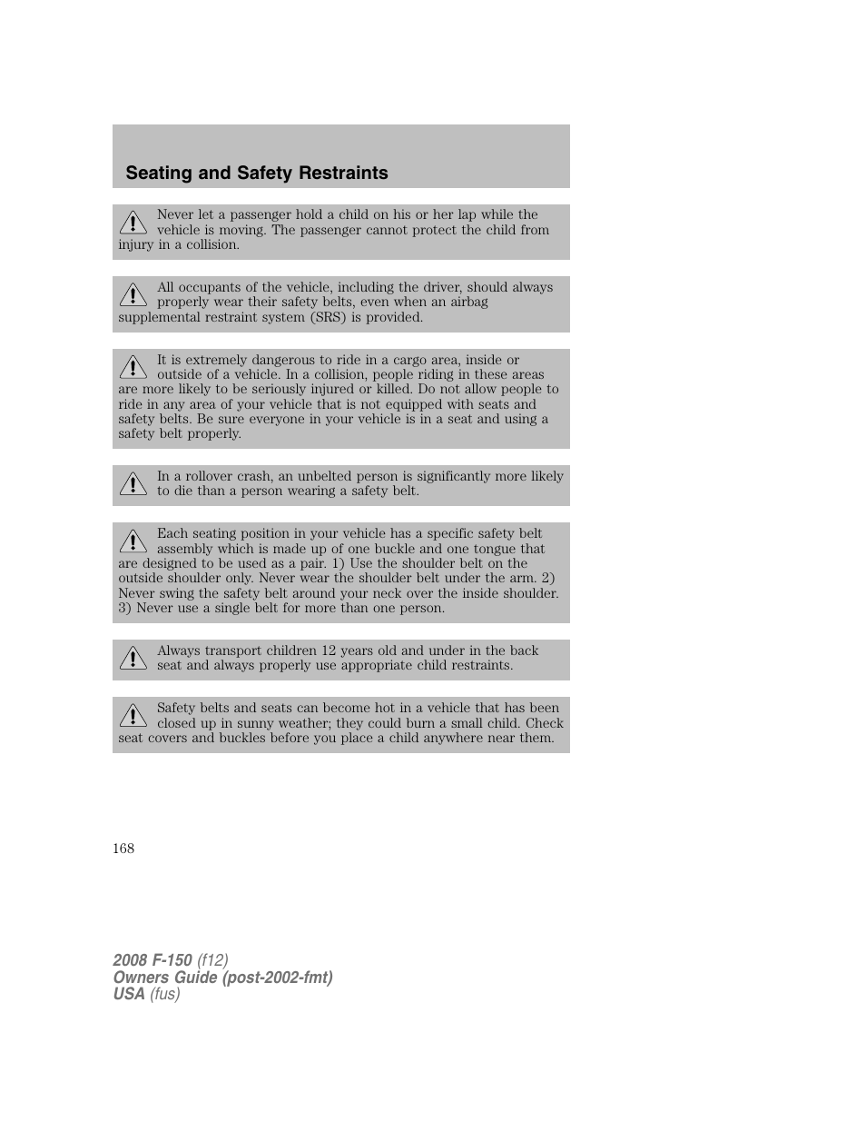 Seating and safety restraints | FORD 2008 F-150 v.1 User Manual | Page 168 / 400