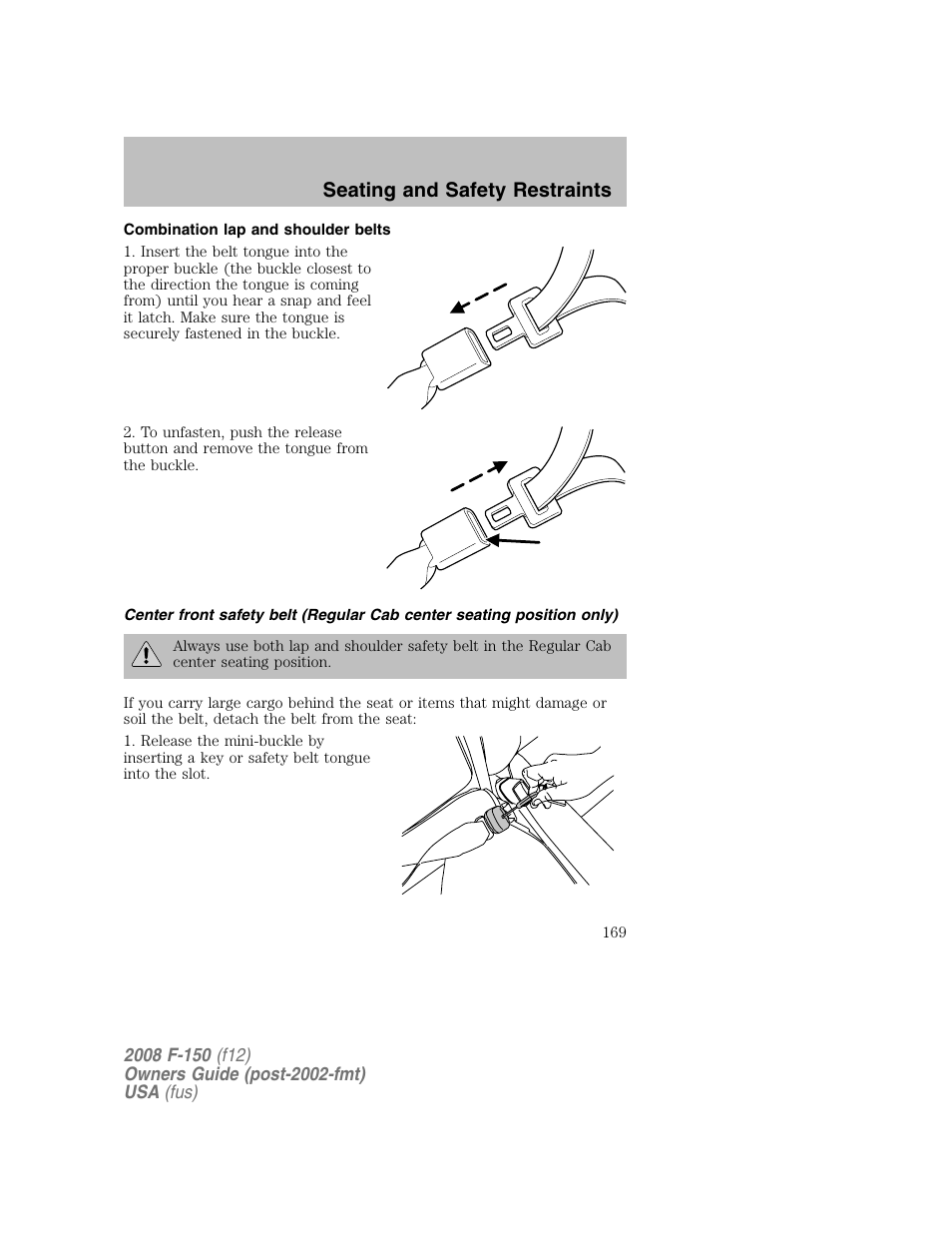 Seating and safety restraints | FORD 2008 F-150 v.1 User Manual | Page 169 / 400