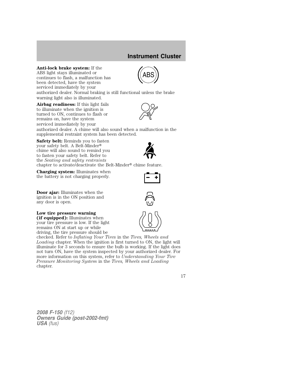 Instrument cluster | FORD 2008 F-150 v.1 User Manual | Page 17 / 400