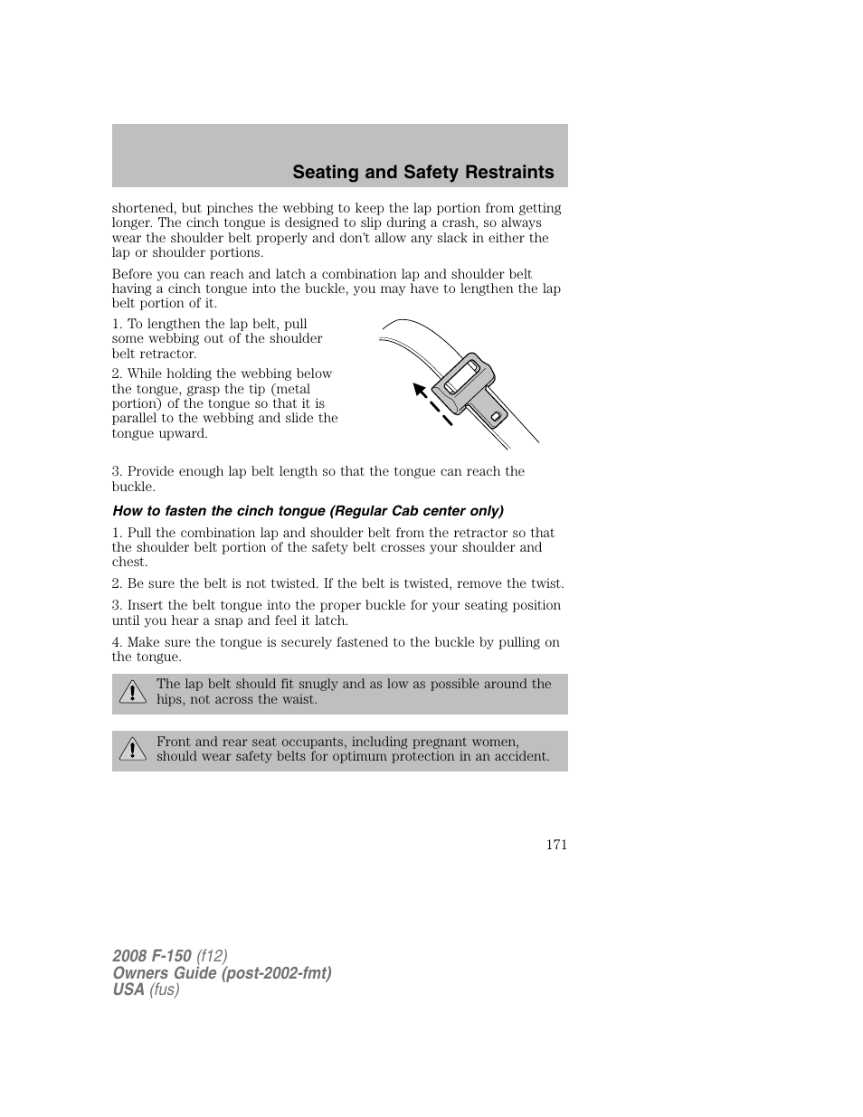 Seating and safety restraints | FORD 2008 F-150 v.1 User Manual | Page 171 / 400