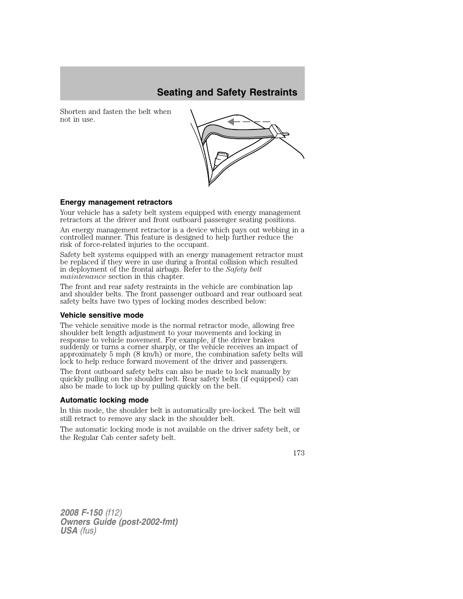 Seating and safety restraints | FORD 2008 F-150 v.1 User Manual | Page 173 / 400