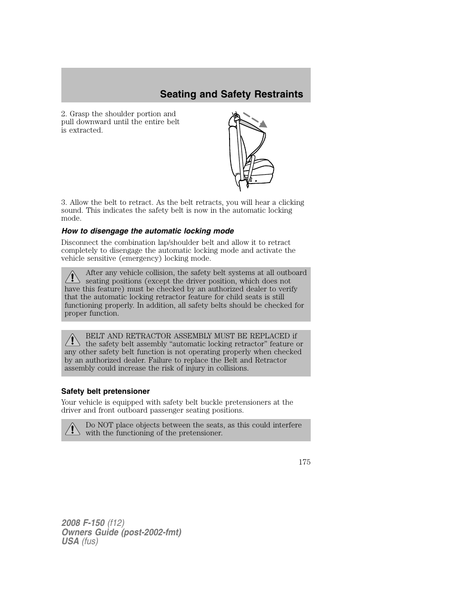 Seating and safety restraints | FORD 2008 F-150 v.1 User Manual | Page 175 / 400