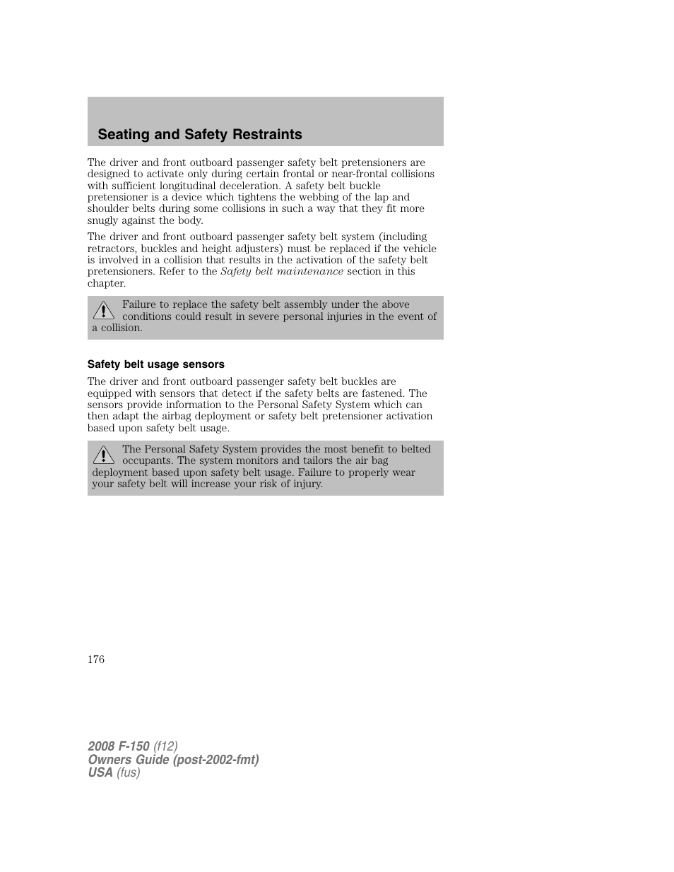 Seating and safety restraints | FORD 2008 F-150 v.1 User Manual | Page 176 / 400