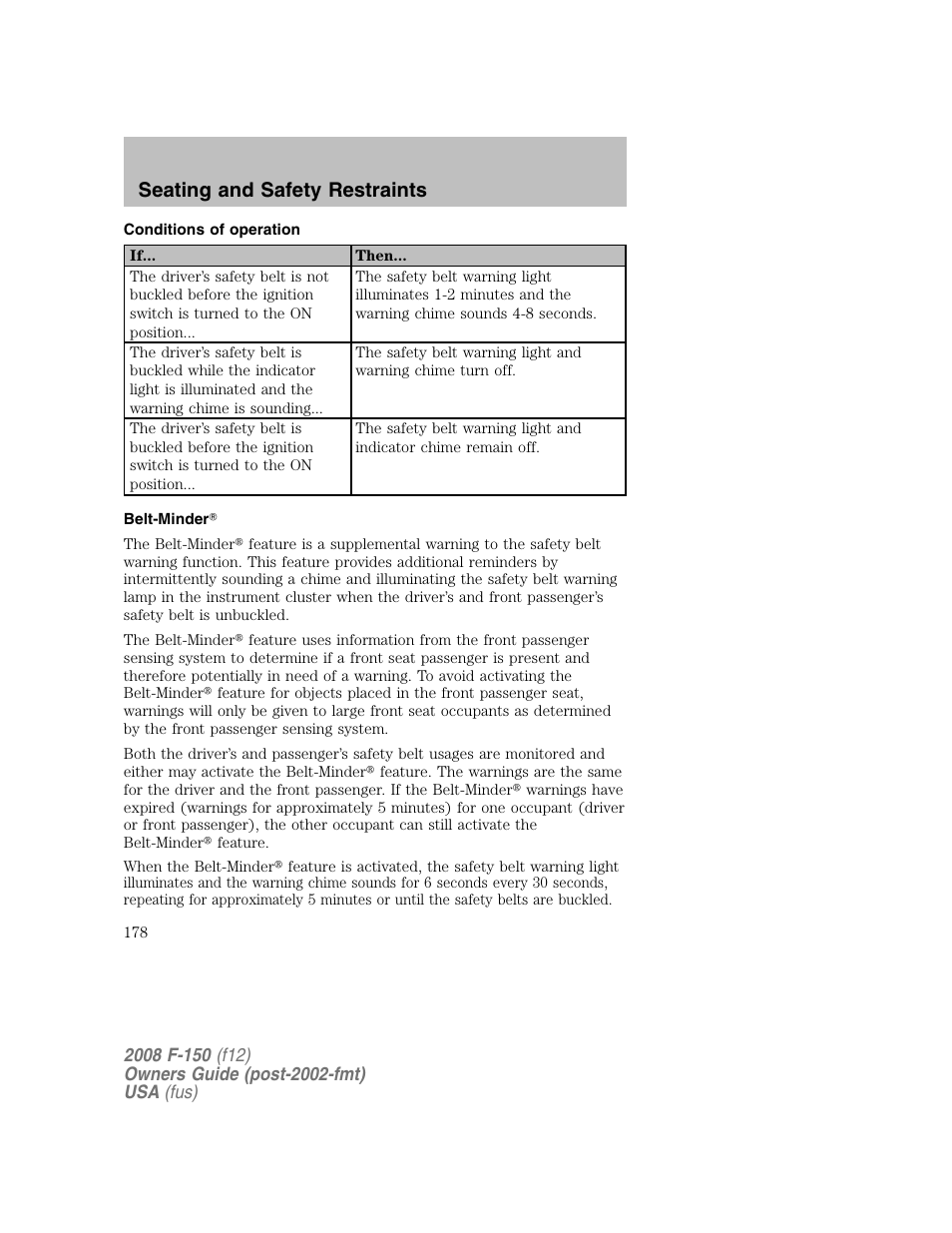 Seating and safety restraints | FORD 2008 F-150 v.1 User Manual | Page 178 / 400